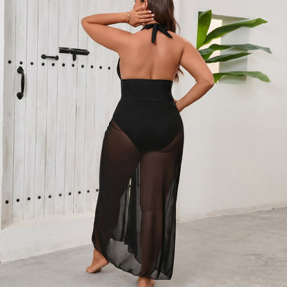 Plusock Elegant Black Halter Plunge Mesh Slit Swimwear - image 1