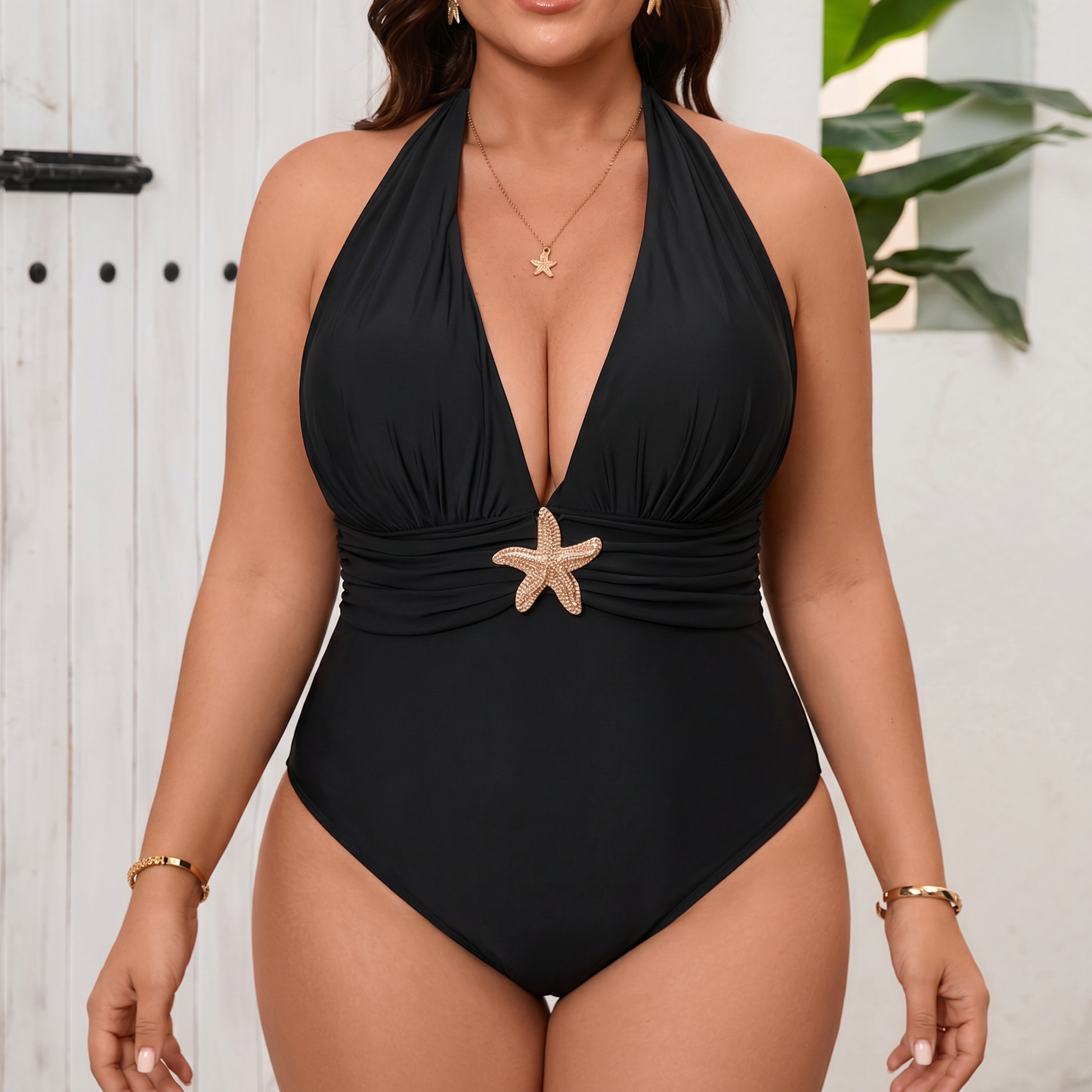 Plusock Elegant Black Halter Plunge Mesh Slit Swimwear - image 4
