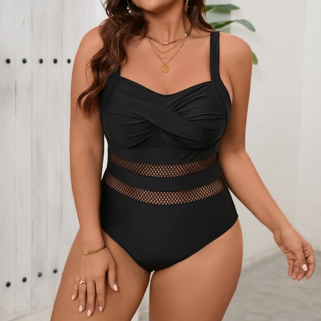 Plusock Black Mesh Cutout One-Piece Swimsuit - Black - 5XL - image 0