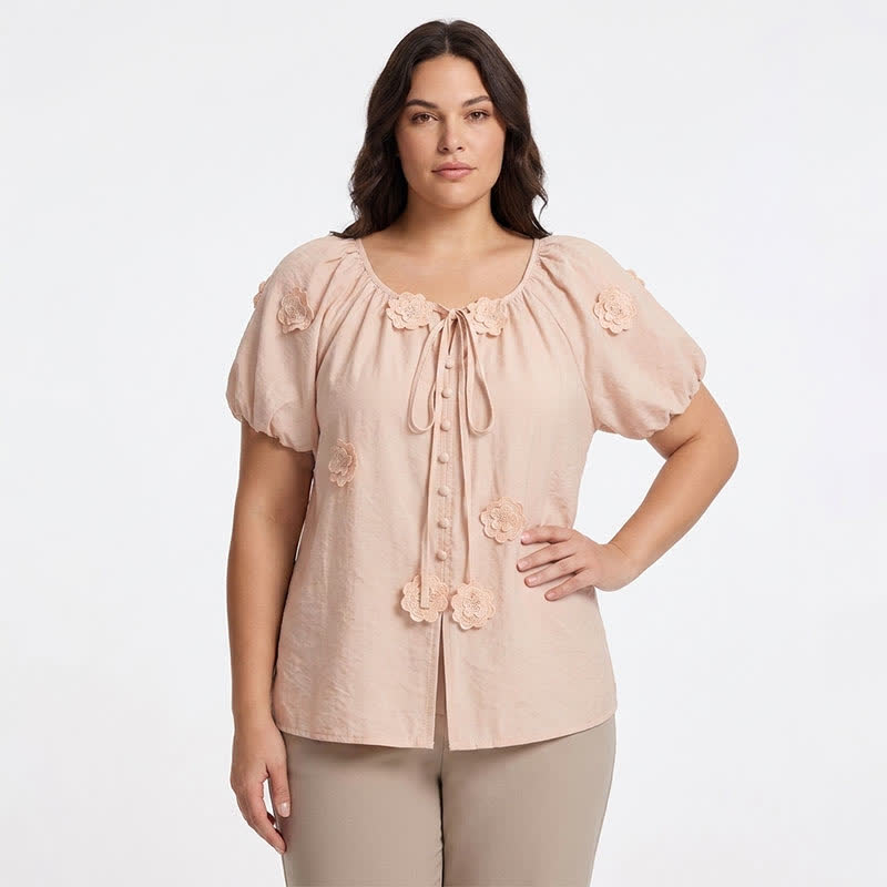 Plusock Floral Applique Puff Sleeve Tie Front Blouse - image 0
