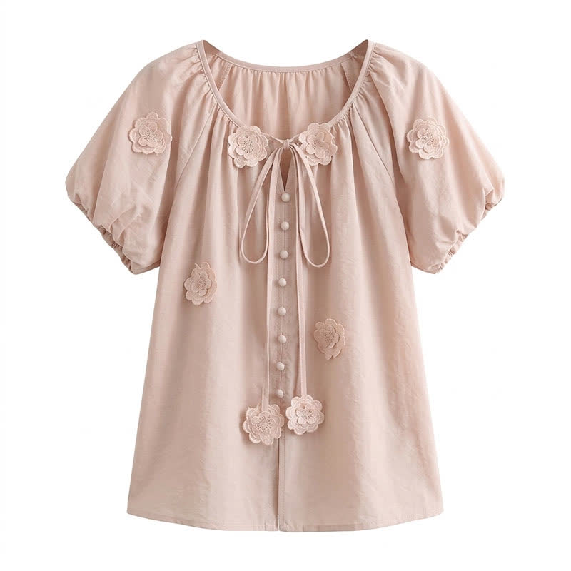Plusock Floral Applique Puff Sleeve Tie Front Blouse - Pink - 4XL - image 4