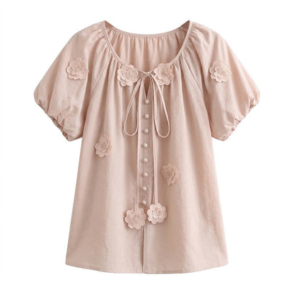 Plusock Floral Applique Puff Sleeve Tie Front Blouse - Pink - 4XL - image 4