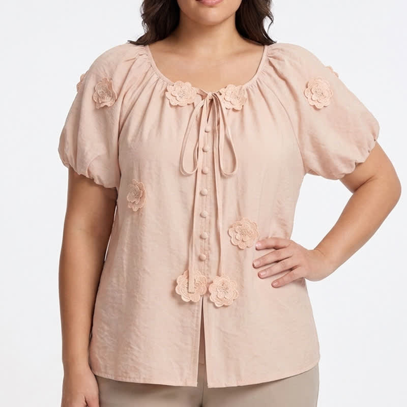 Plusock Floral Applique Puff Sleeve Tie Front Blouse - image 1
