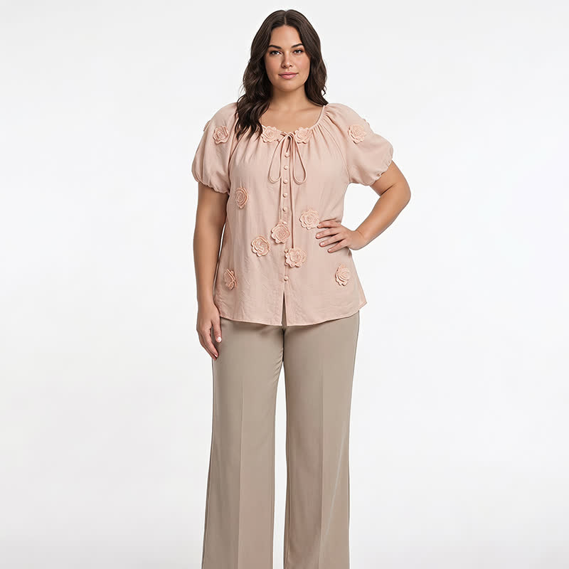 Plusock Floral Applique Puff Sleeve Tie Front Blouse - image 3