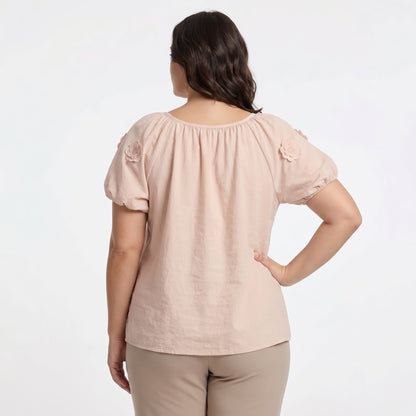 Plusock Floral Applique Puff Sleeve Tie Front Blouse - image 2
