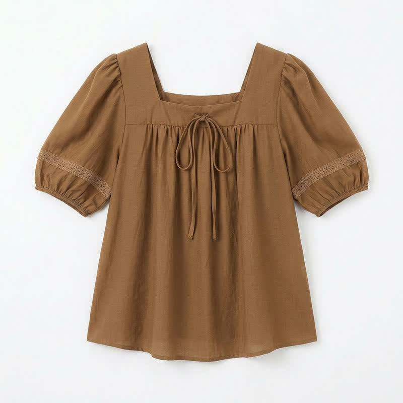 Plusock Plus Size Vintage-inspired Square Neck Blouse - Khaki - 4XL - image 9