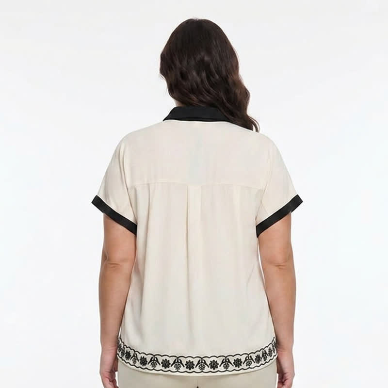Plusock Ivory Floral Contrast Trim Relaxed Blouse Top - image 2