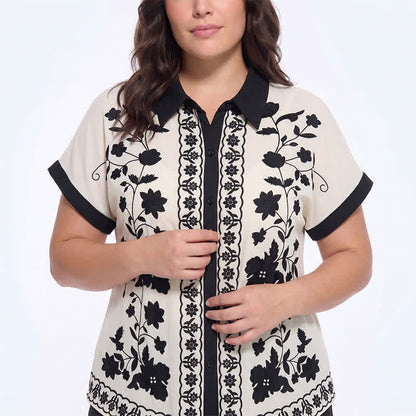 Plusock Ivory Floral Contrast Trim Relaxed Blouse Top - image 1
