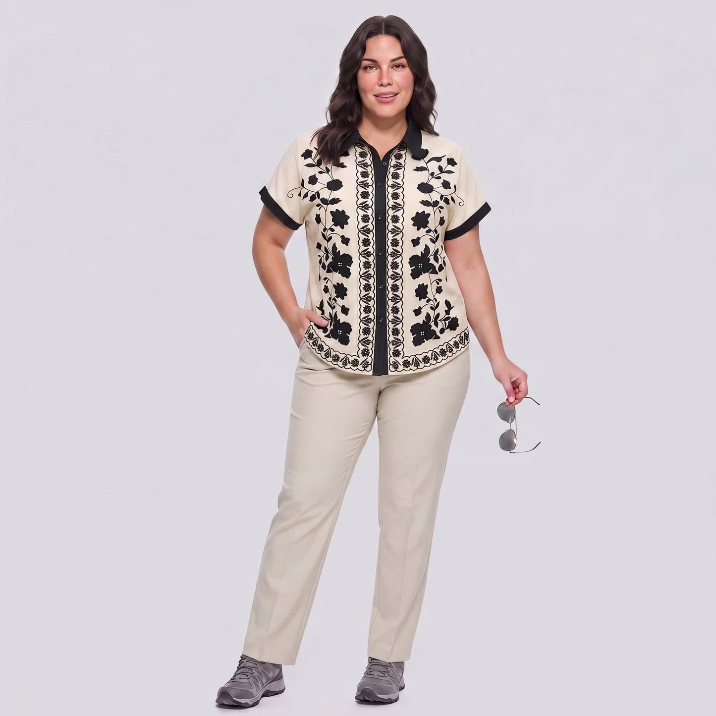 Plusock Ivory Floral Contrast Trim Relaxed Blouse Top - image 3