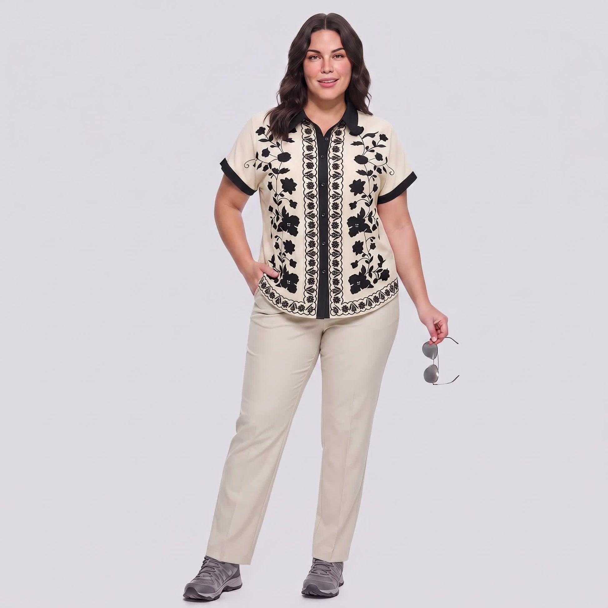Plusock Ivory Floral Contrast Trim Relaxed Blouse Top - image 3