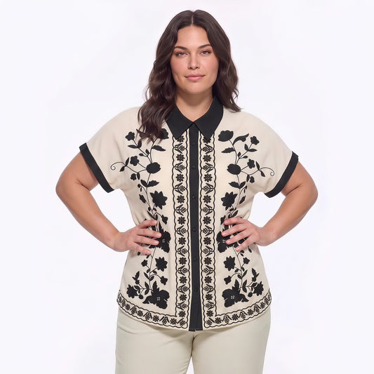 Plusock Ivory Floral Contrast Trim Relaxed Blouse Top - image 0
