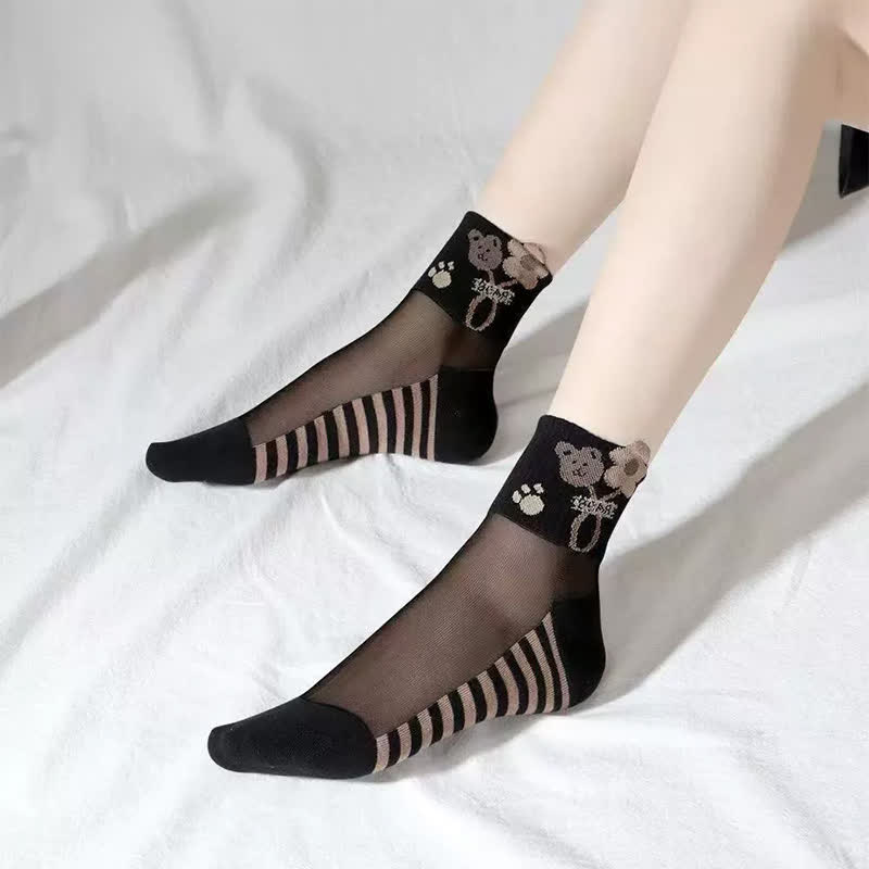 Plusock Cute Mesh Bear Ankle Socks(10 Pairs) - Black-C - EU35-40(US2-7) - image 3