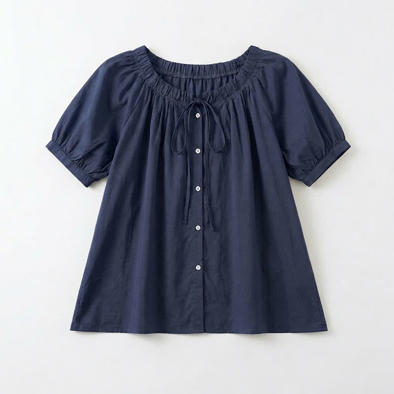 Plusock Vintage Tie Neck Button Front Blouse - Navy Blue - 4XL - image 4