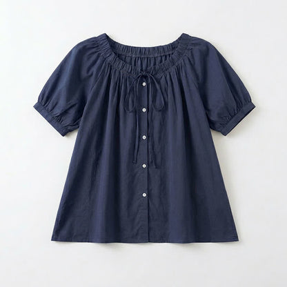 Plusock Vintage Tie Neck Button Front Blouse - Navy Blue - 4XL - image 4