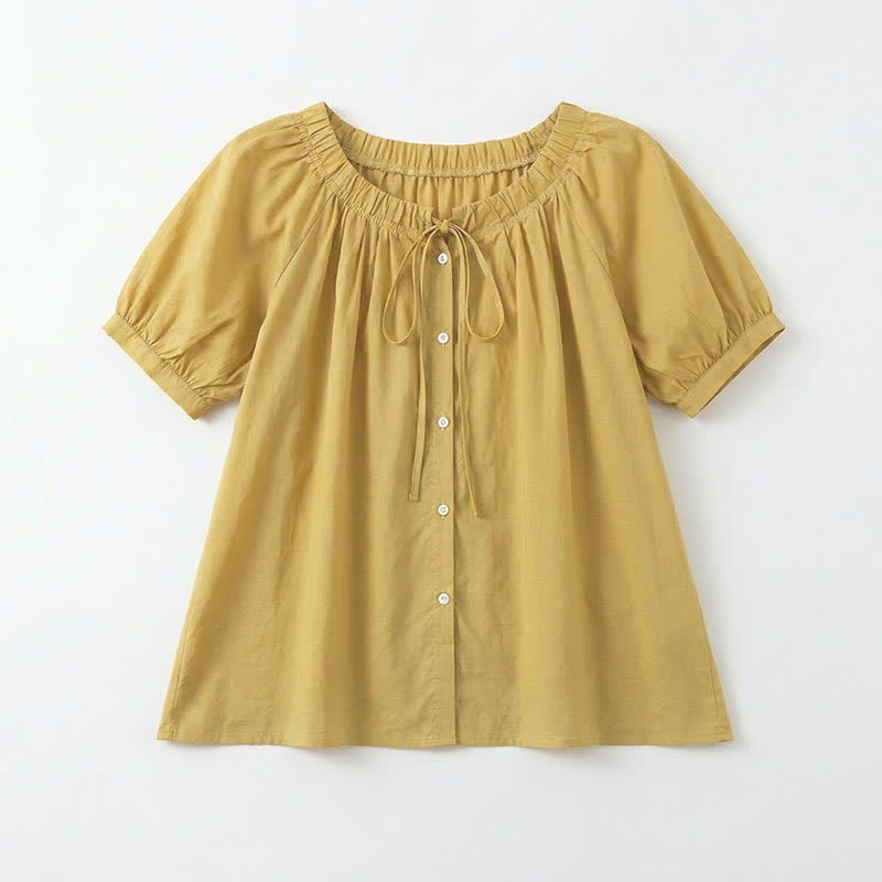 Plusock Vintage Tie Neck Button Front Blouse - Yellow - 4XL - image 7