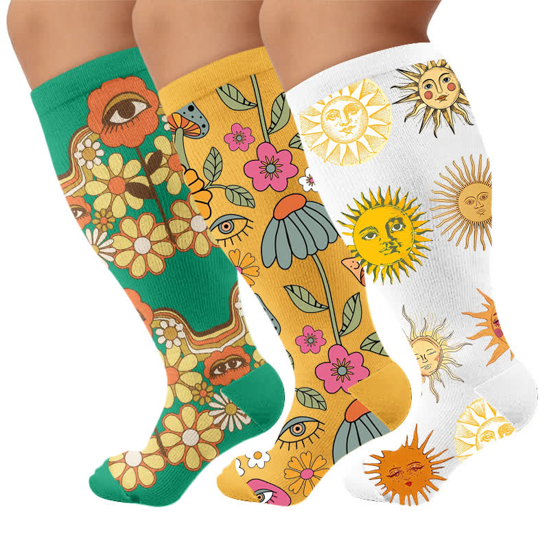 Plusock Plus Size Retro Eye Bloom Compression Socks - Multicolor(3 Pairs) - 4XL - image 4
