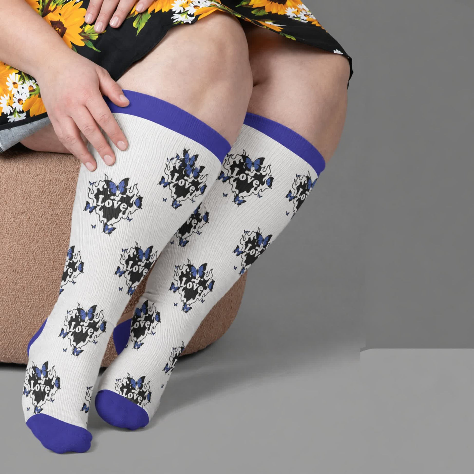 Plusock Plus Size Butterfly Flame Compression Socks - Blue(1 Pair) - 4XL - image 2
