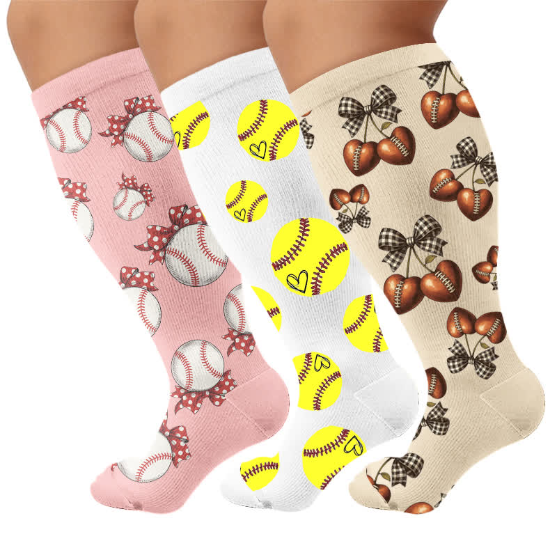 Plusock Plus Size Baseball Bow Ribbed Compression Socks - Multicolor(3 Pairs) - 4XL - image 4
