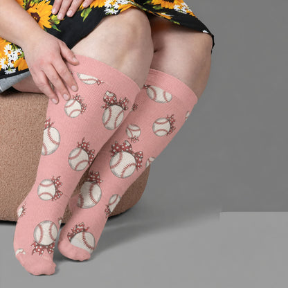 Plusock Plus Size Baseball Bow Ribbed Compression Socks - Pink(1 Pair) - 4XL - image 1