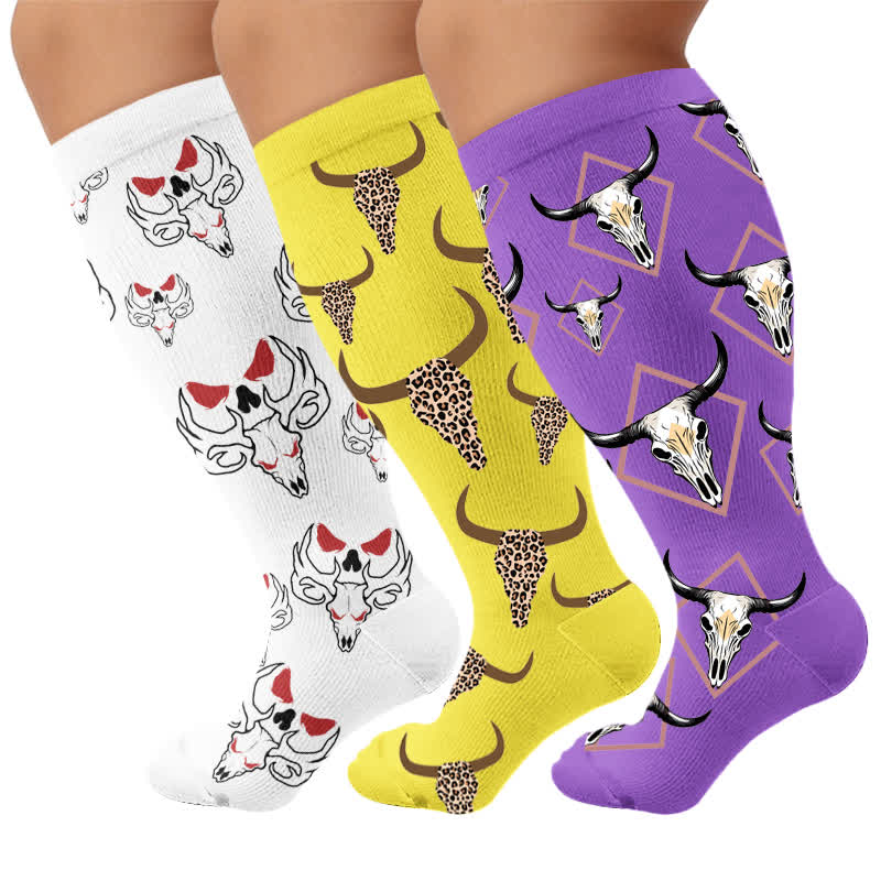 Plusock Plus Size Western Bull Skull Compression Socks - Multicolor(3 Pairs) - 4XL - image 4