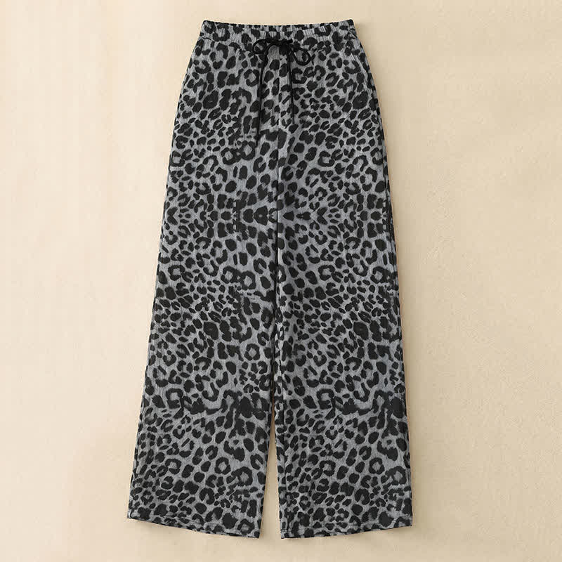Plusock Drawstring Elastic Waist Wide Leg Lounge Pants - Leopard Grey - 5XL - image 0