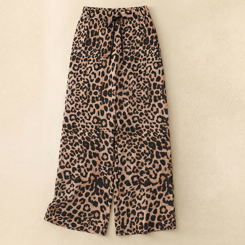 Plusock Drawstring Elastic Waist Wide Leg Lounge Pants - Coffee Leopard - 5XL - image 5