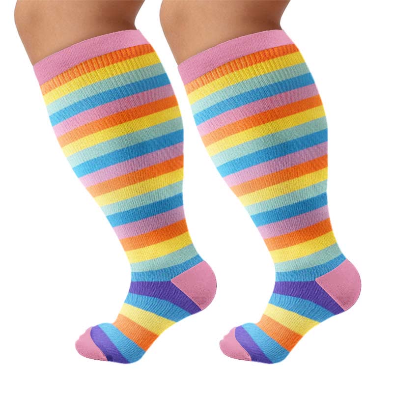 Plusock Plus Size Rainbow Stripe Compression Socks - Pink(1 Pair) - 4XL - image 8