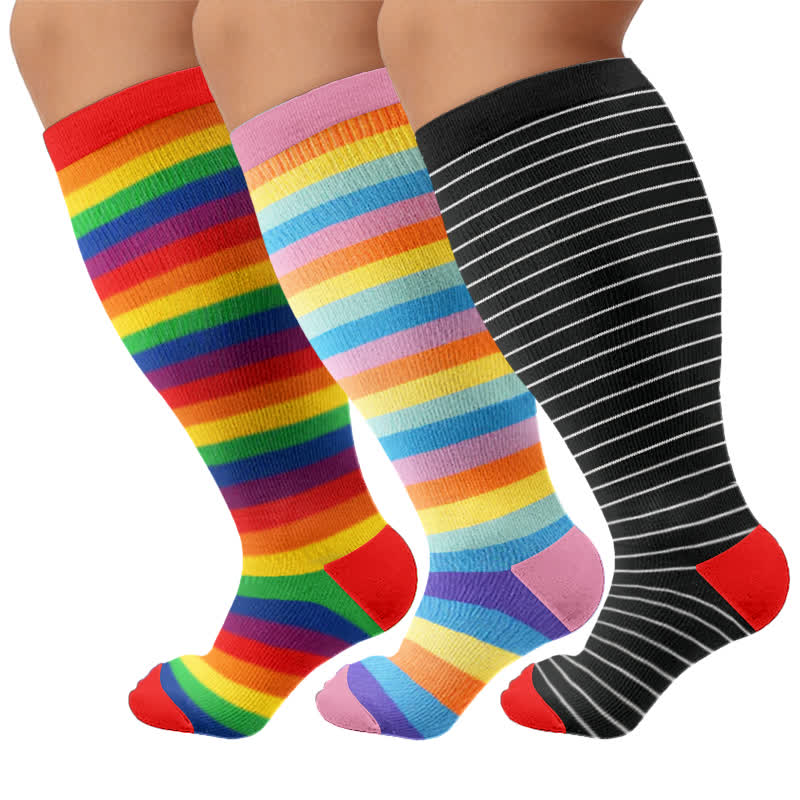 Plusock Plus Size Rainbow Stripe Compression Socks - Multicolor(3 Pairs) - 4XL - image 4