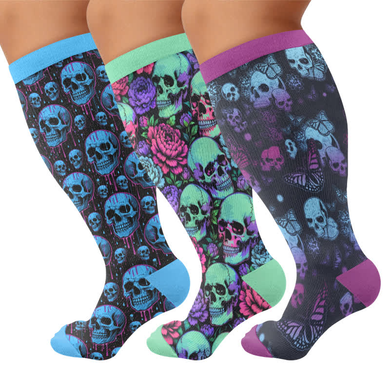 Plusock Plus Size Blue Skull Compression Socks - Multicolor(3 Pairs) - 4XL - image 4