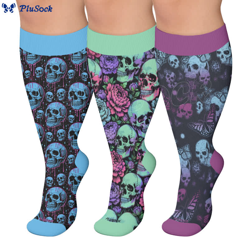 Plusock Plus Size Blue Skull Compression Socks - image 0