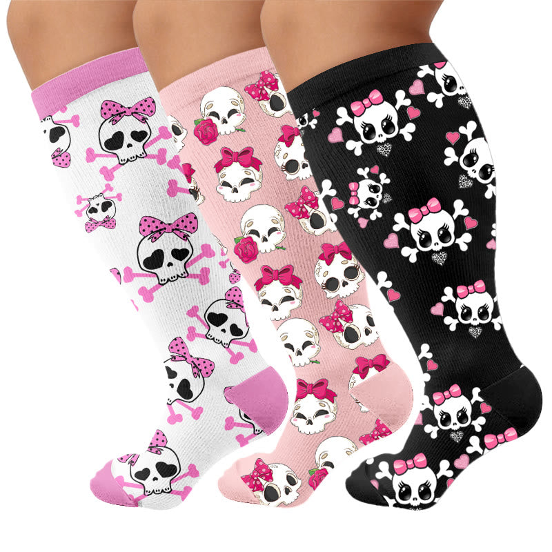Plusock Plus Size Kawaii Skull Bow Compression Socks - Multicolor(3 Pairs) - 4XL - image 4