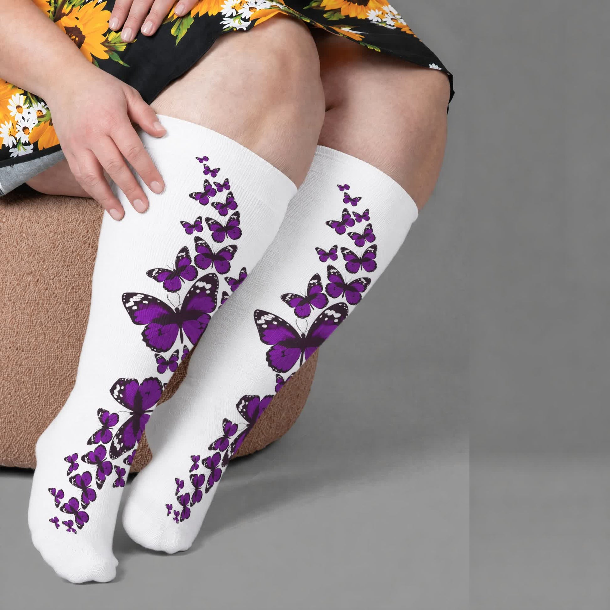 Plusock Plus Size Colorful Butterfly Compression Socks - White(1 Pair) - 4XL - image 1