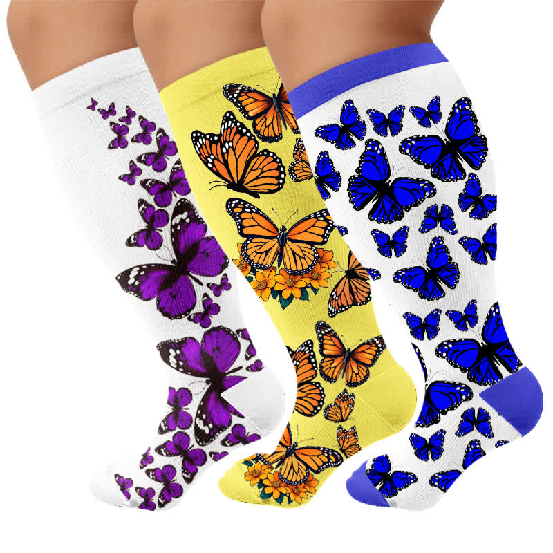 Plusock Plus Size Colorful Butterfly Compression Socks - Multicolor(3 Pairs) - 4XL - image 4