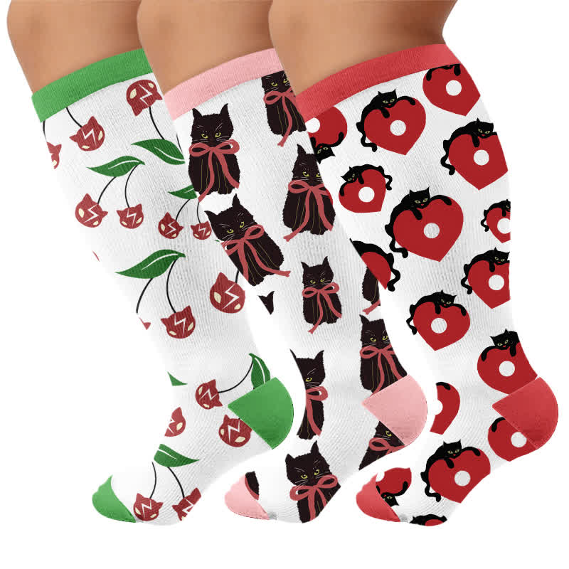 Plusock Plus Size Cherry Bow Cat Compression Socks - Multicolor(3 Pairs) - 4XL - image 4