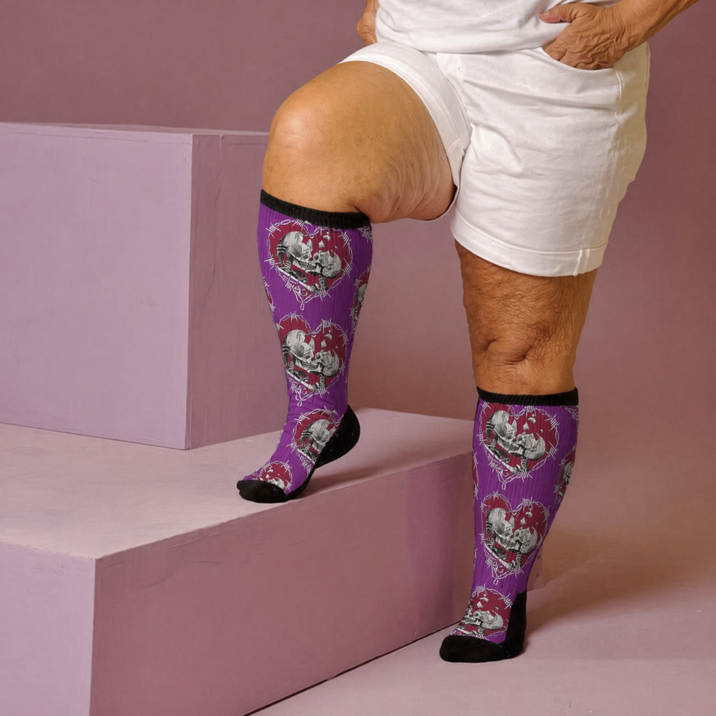 Plusock Plus Size Punk Skull Heart Compression Socks - Purple(1 Pair) - 4XL - image 2