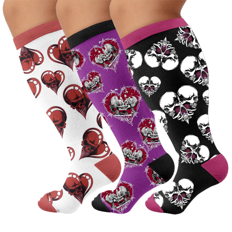Plusock Plus Size Punk Skull Heart Compression Socks - Multicolor(3 Pairs) - 4XL - image 4
