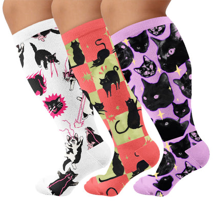 Plusock Plus Size Kawaii Black Cat Compression Socks - Multicolor(3 Pairs) - 4XL - image 4