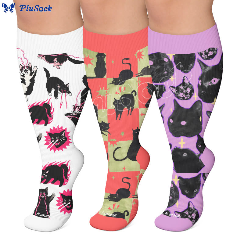 Plusock Plus Size Kawaii Black Cat Compression Socks - image 0
