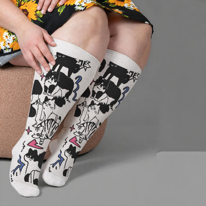 Plusock Plus Size Colorful Cat Face Compression Socks - White(1 Pair) - 4XL - image 1