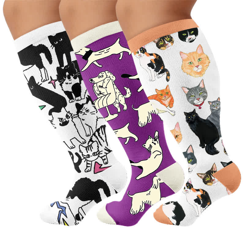 Plusock Plus Size Colorful Cat Face Compression Socks - Multicolor(3 Pairs) - 4XL - image 4