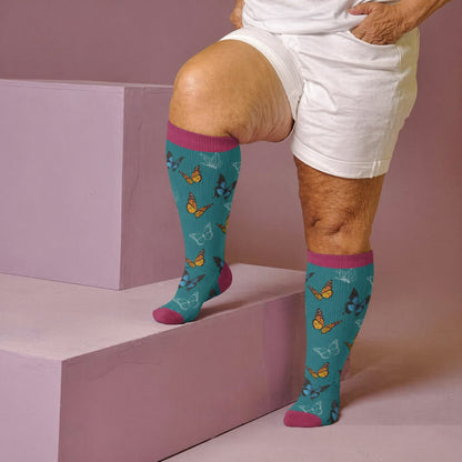 Plusock Plus Size Allover Butterfly Compression Socks - Blue(1 Pair) - 4XL - image 3