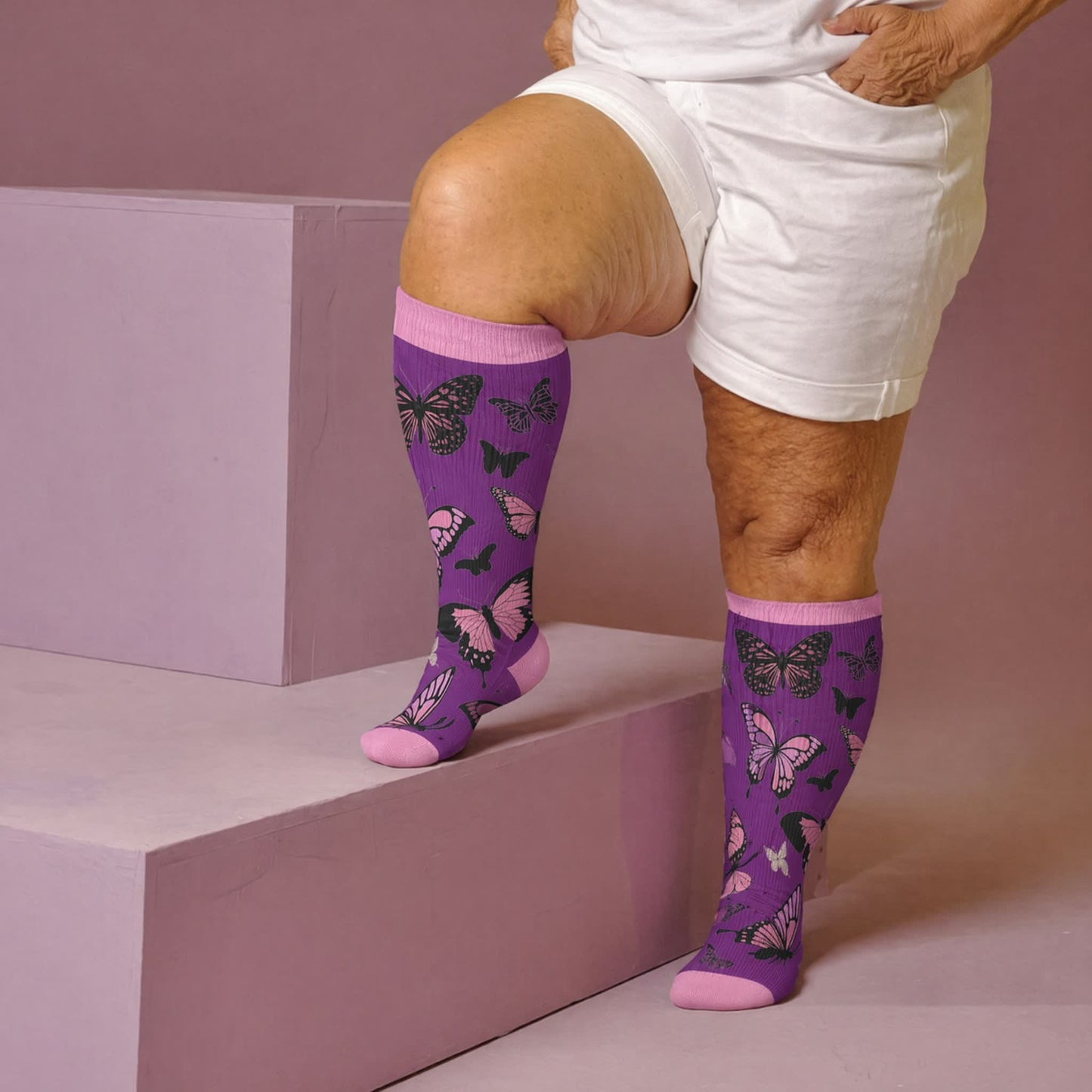Plusock Plus Size Allover Butterfly Compression Socks - Purple(1 Pair) - 4XL - image 2