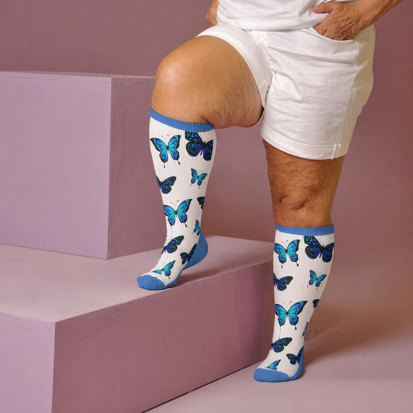 Plusock Plus Size Allover Butterfly Compression Socks - White(1 Pair) - 4XL - image 1