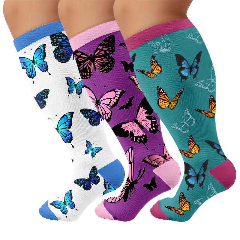 Plusock Plus Size Allover Butterfly Compression Socks - Multicolor(3 Pairs) - 4XL - image 4