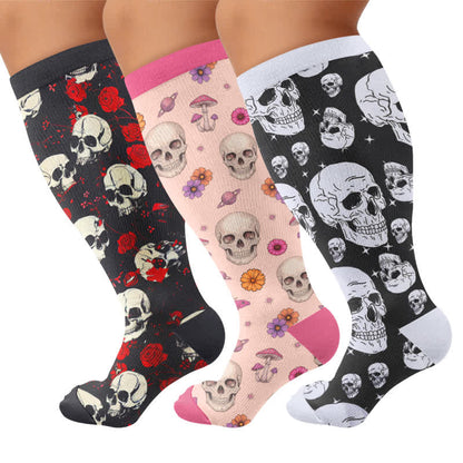 Plusock Plus Size Gothic Skull Rose Compression Socks - Multicolor(3 Pairs) - 4XL - image 4