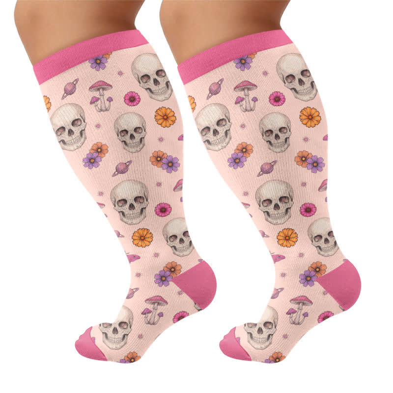 Plusock Plus Size Gothic Skull Rose Compression Socks - Pink(1 Pair) - 4XL - image 8