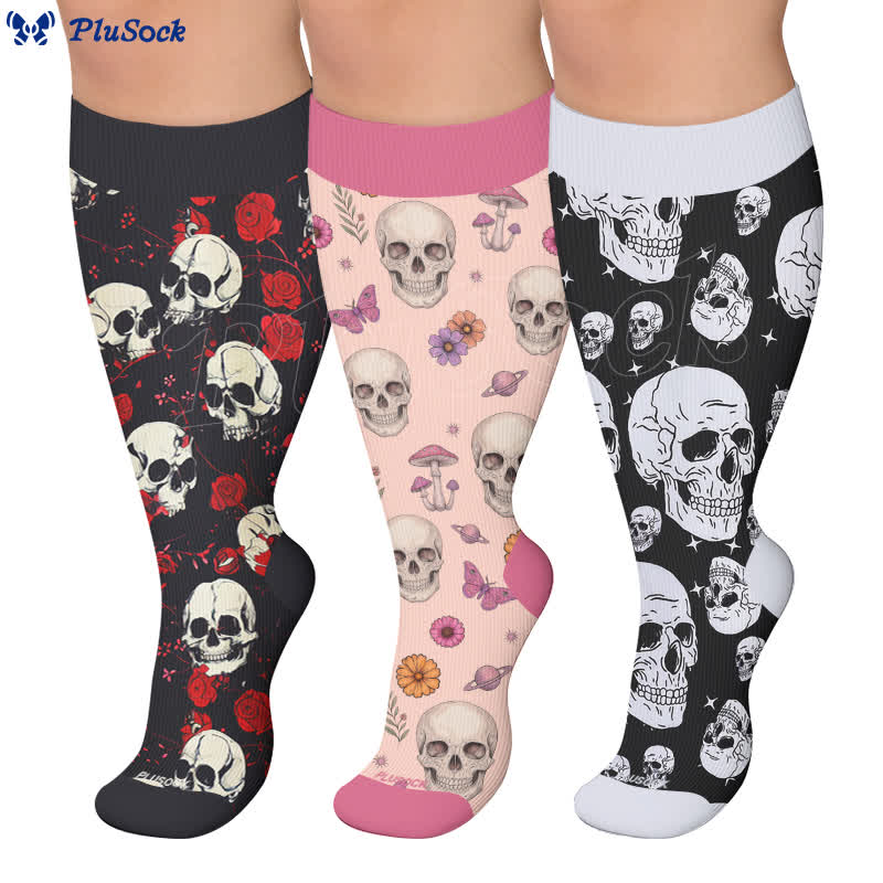 Plusock Plus Size Gothic Skull Rose Compression Socks - image 0