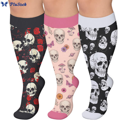 Plusock Plus Size Gothic Skull Rose Compression Socks - image 0