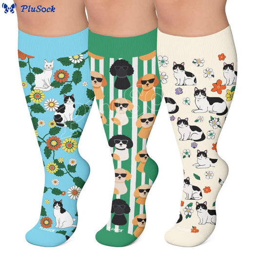 Plusock Plus Size Fun Cartoon Cat & Dog Print Compression Socks - image 0