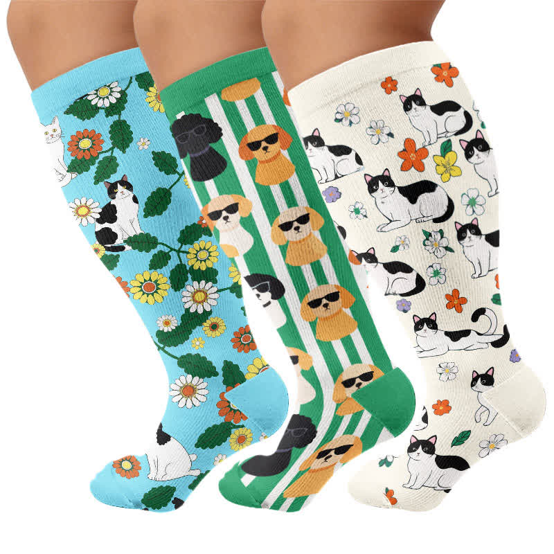 Plusock Plus Size Fun Cartoon Cat & Dog Print Compression Socks - Multicolor(3 Pairs) - 4XL - image 4